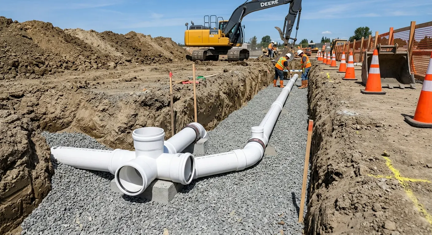 New PVC sewer pipe installation in open trench for Commercial Drain Cleaning in Riverview