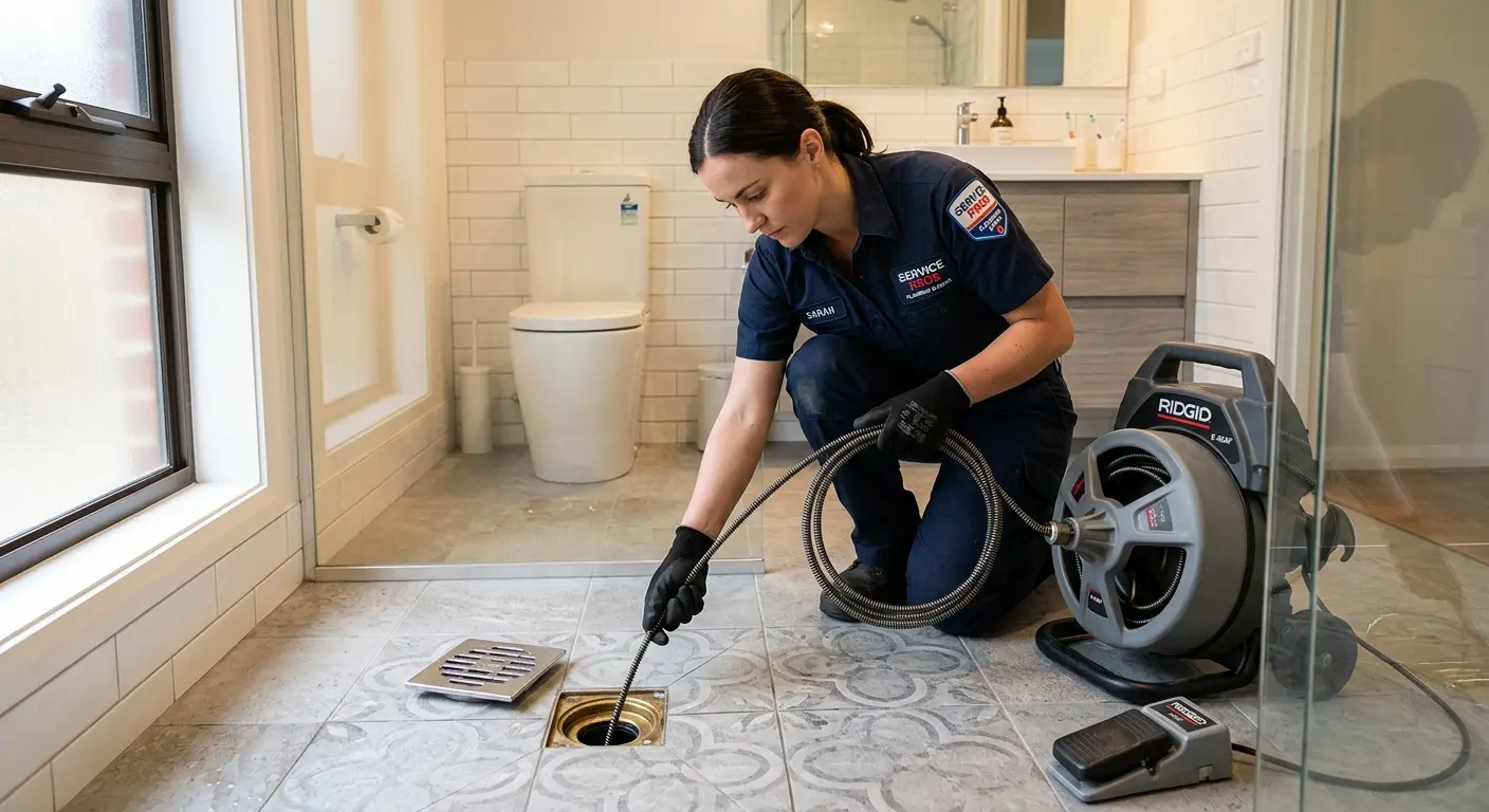 Technician clearing a bathroom floor drain for Drain Repair in Riverview